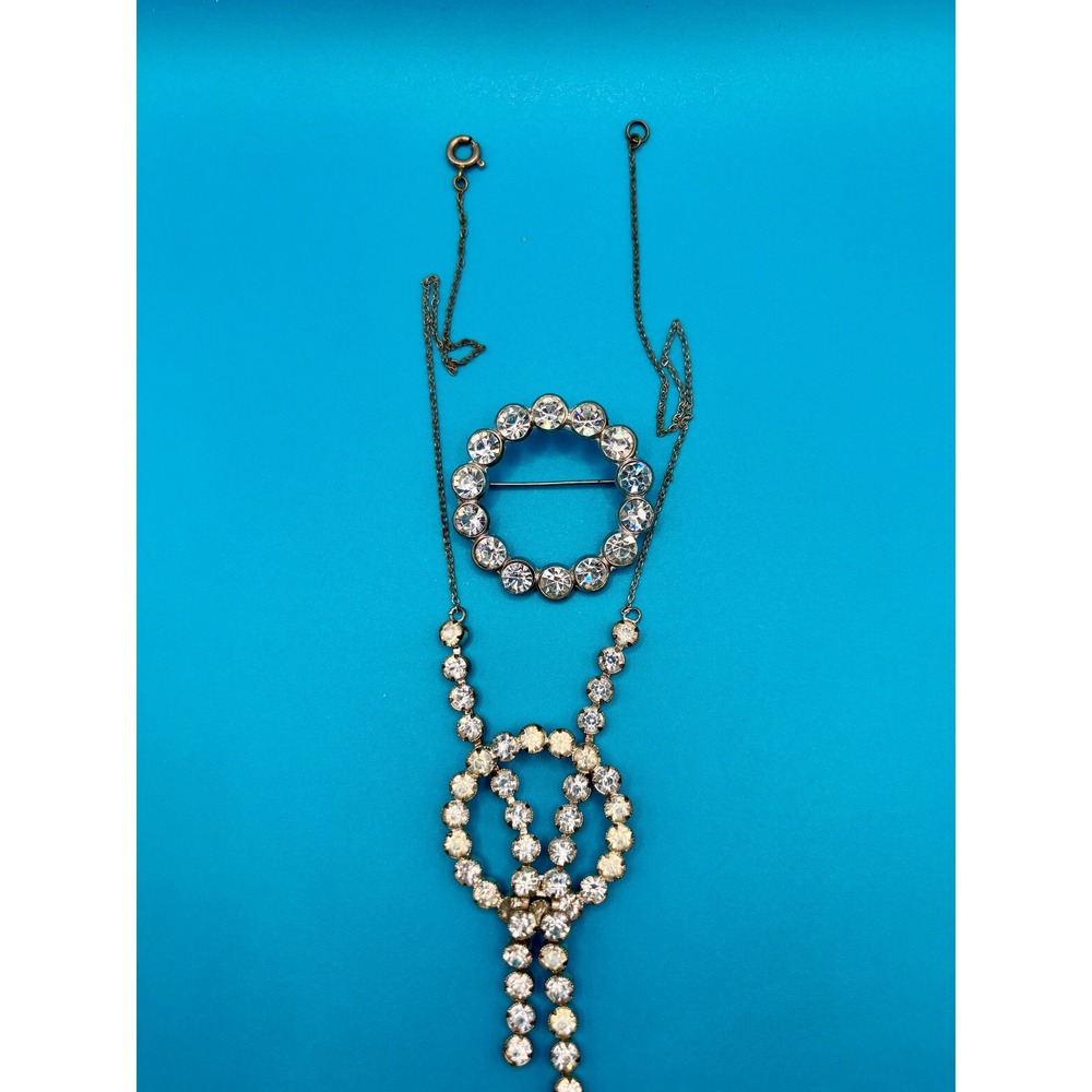 Vintage Rhinestone Circle Brooch Necklace Jewelry Set - Picture 3 of 8